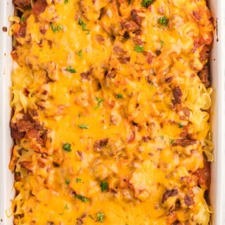 Cheesy Hamburger Supper - This casserole might remind you of a lasagna. It has the same cheesy tomato flavours, but the addition of cream cheese makes it even better!