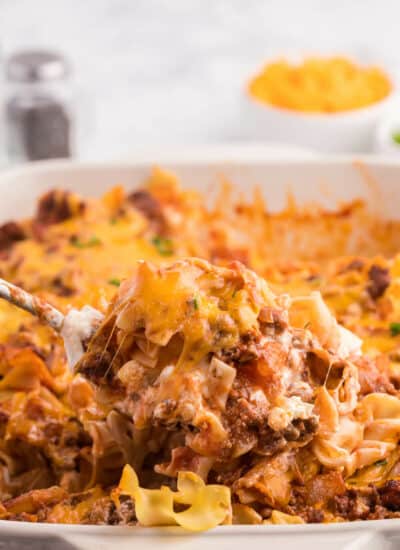 Cheesy Hamburger Supper - This casserole might remind you of a lasagna. It has the same cheesy tomato flavours, but the addition of cream cheese makes it even better!