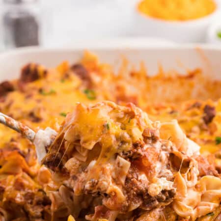 Cheesy Hamburger Supper - This casserole might remind you of a lasagna. It has the same cheesy tomato flavours, but the addition of cream cheese makes it even better!