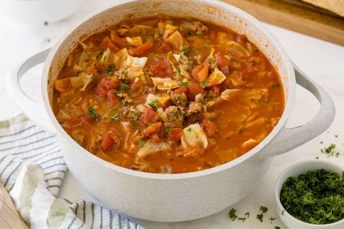 The soup in a pot.