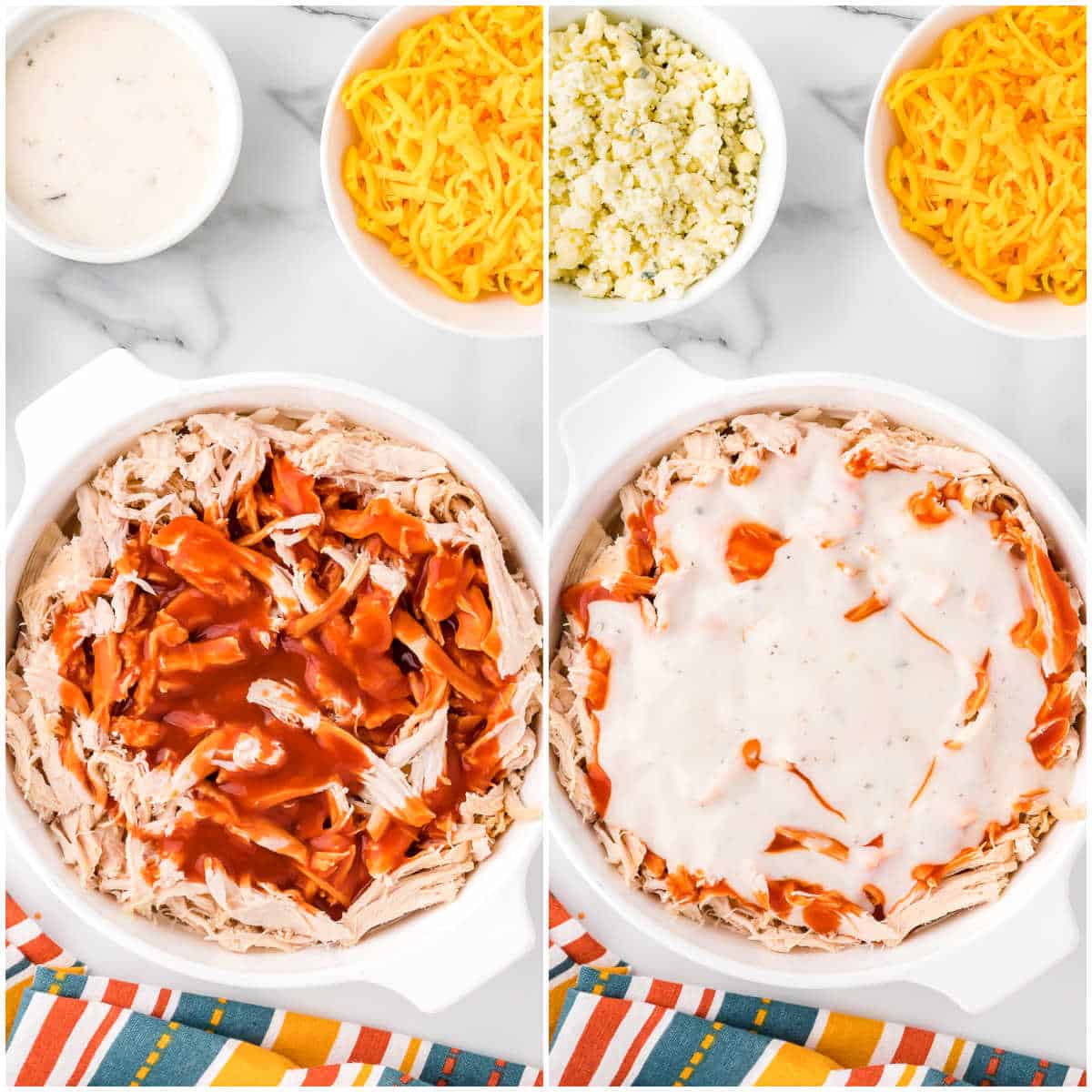 Steps to make Buffalo chicken dip.