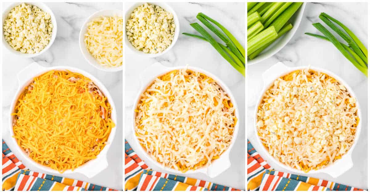 Steps to make Buffalo chicken dip.