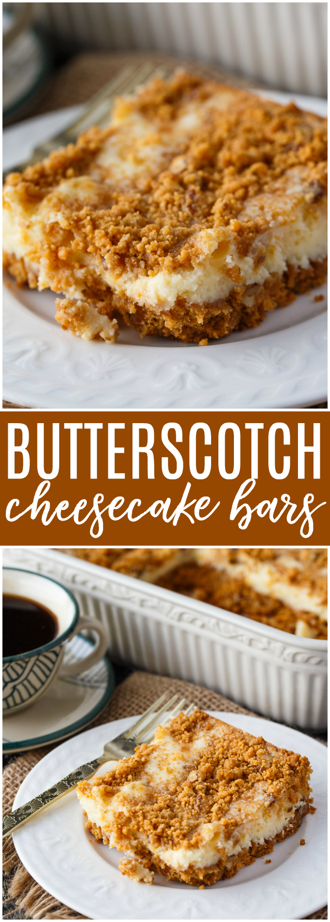 Butterscotch Cheesecake Bars - This cheesecake has a rich butterscotch base, smooth, creamy cheesecake filling and topped with some butterscotch crunch.