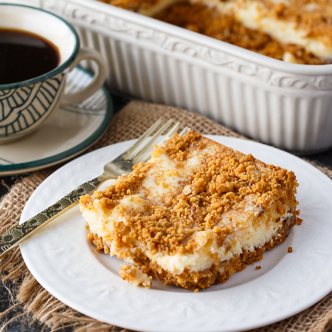 Butterscotch Cheesecake Bars - This cheesecake has a rich butterscotch base, smooth, creamy cheesecake filling and topped with some butterscotch crunch.