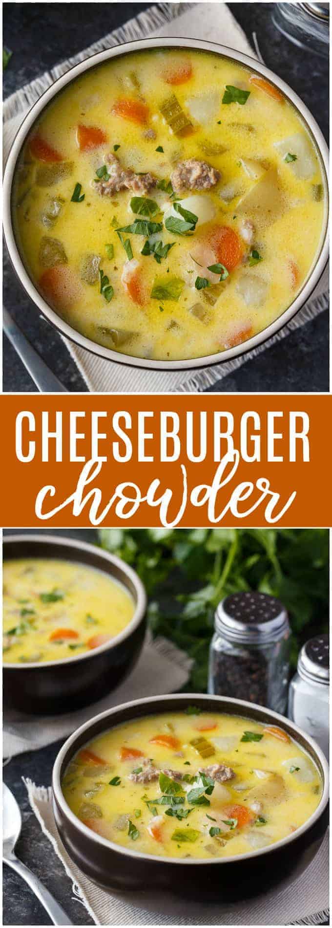Cheeseburger Chowder - The best comfort food to warm your bones! This creamy, cheesy soup is filled with ground beef, potatoes, carrots, celery, and Velveeta cheese.