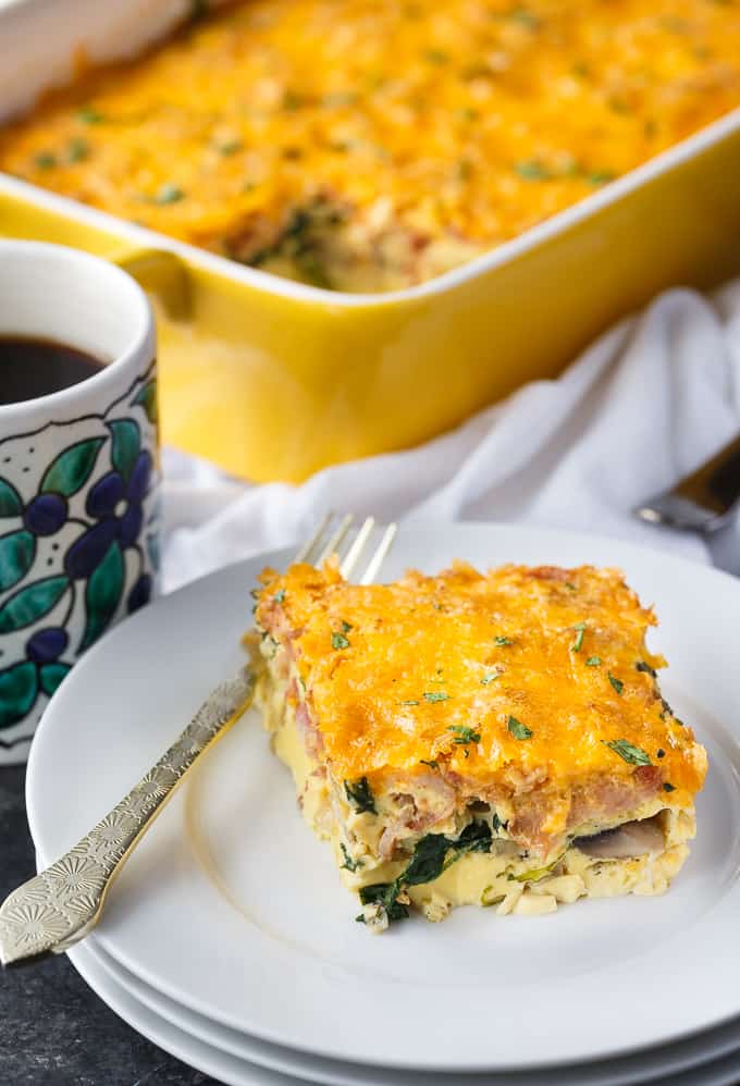 Bacon, Spinach & Mushroom Crustless Quiche - This dish has all the traditional flavours of quiche, but is lower carb with the elimination of the crust. With bacon, spinach and cheese, this is a winning flavour combination.