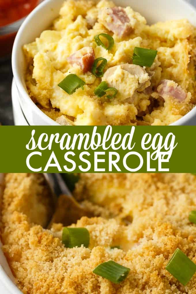 Scrambled Egg Casserole - Soft oven-scrambled eggs with ham, green onion, cheddar and mushrooms are baked under a crispy, toasted layer of bread crumbs. A delicious and decadent change from bread-based breakfast casseroles.
