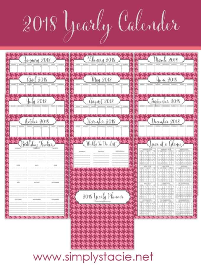 2018 Yearly Calendar Free Printable - Get organized in the new year with this 2018 Yearly Calendar free printable! It includes a birthday tracker, to-do list, monthly calendars and more.