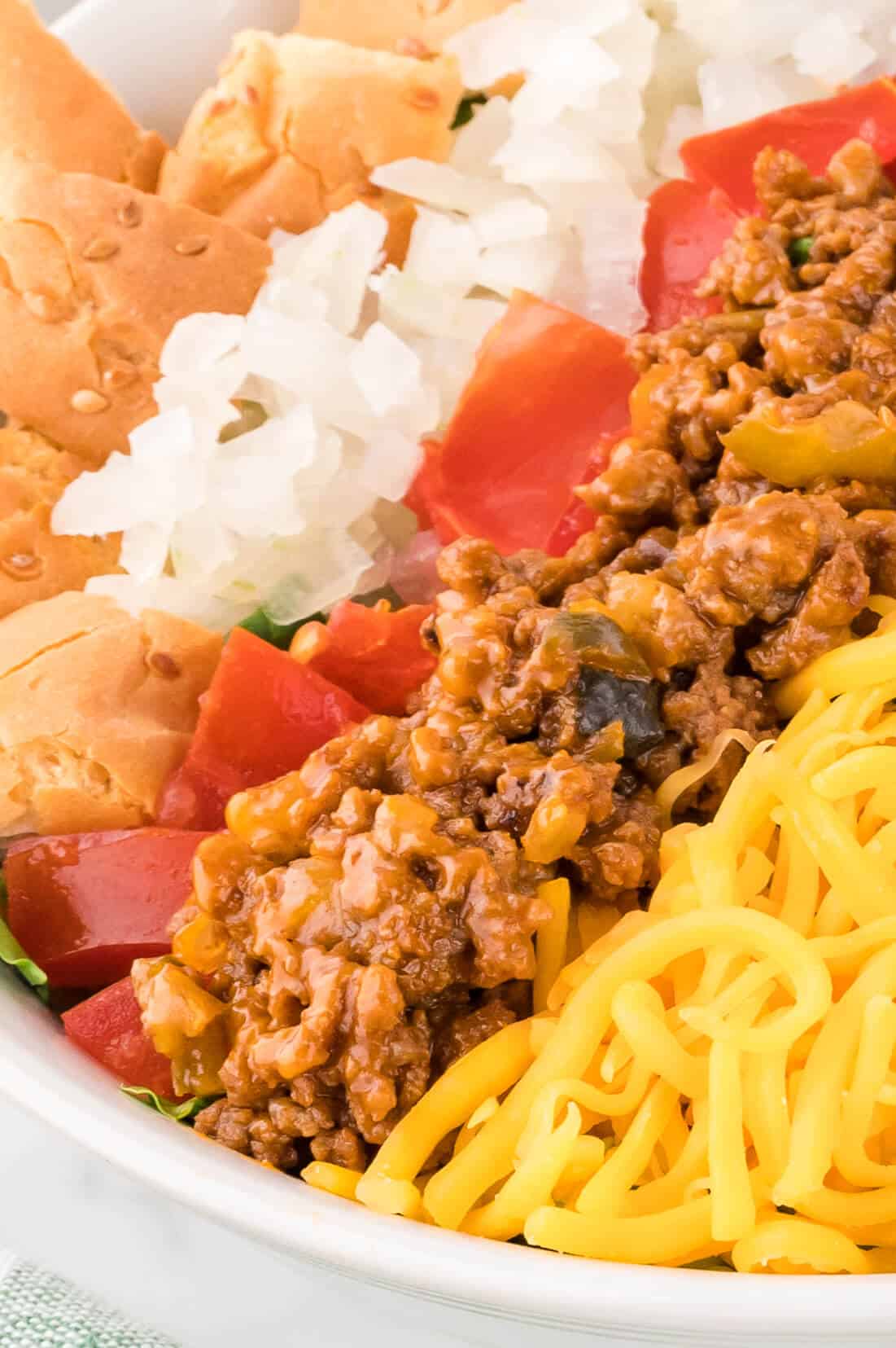 Close up of cheeseburger salad.