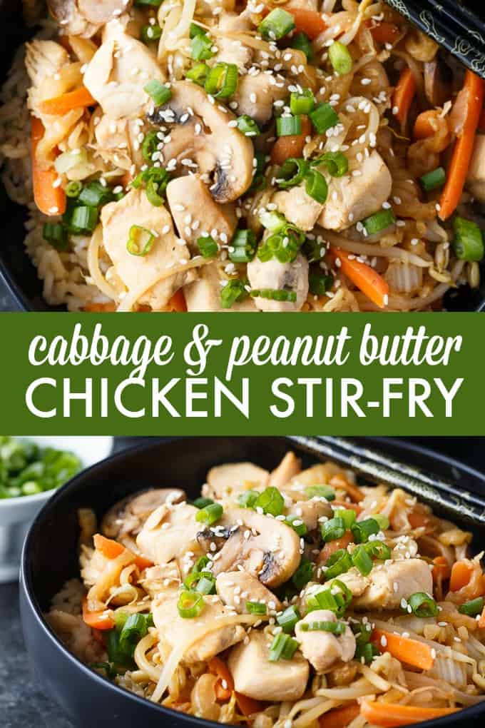 Cabbage & Peanut Butter Chicken Stir-fry - This healthy chicken recipe doesn't taste like it's low fat. It's filled to the brim with sautéed vegetables and mixed in a unique and flavorful stir-fry sauce.