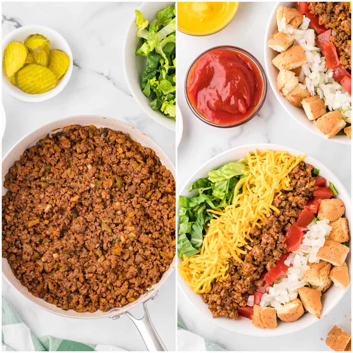 Ingredients to make cheeseburger salad.