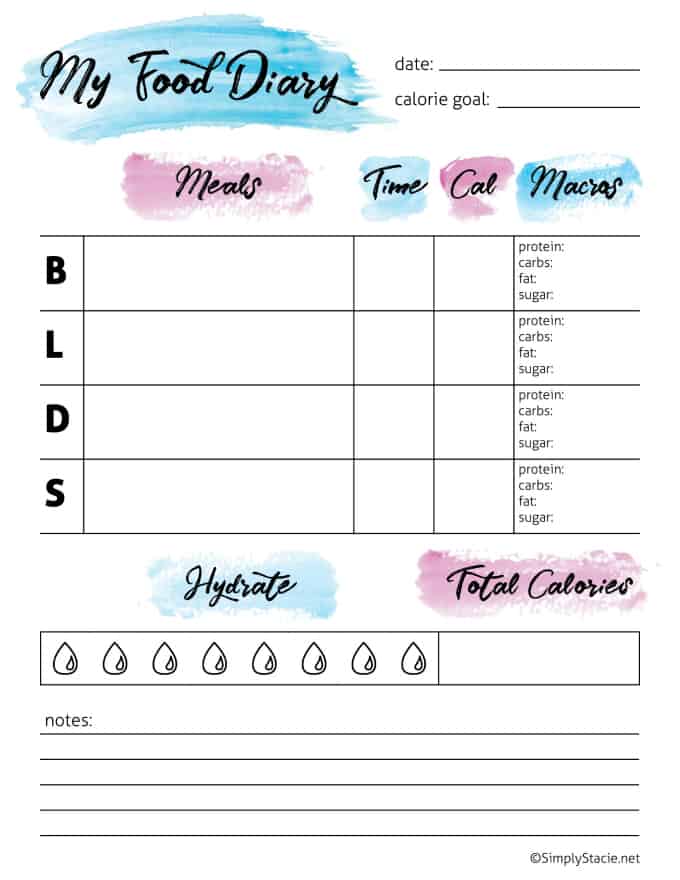 Daily Food Diary Free Printable - Keep on track and accountable with this helpful tool. It includes sections for calories, macros and will help you stay hydrated.