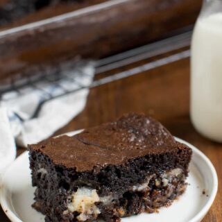 Earthquake cake on a plate.