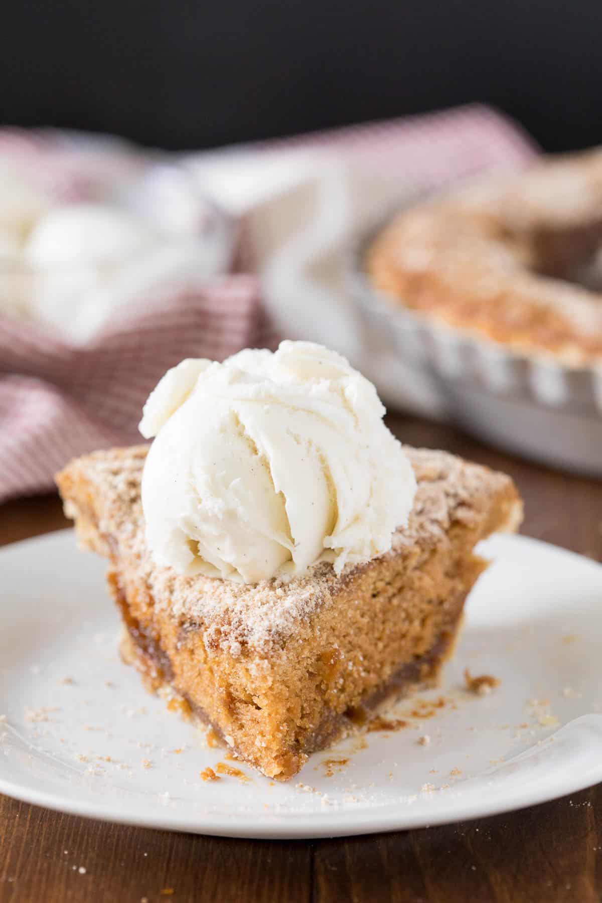 Photo of a slice of Shoofly Pie on a white plate topped with vanilla ice cream.