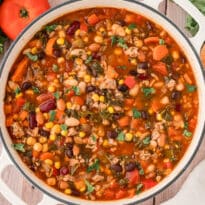 A pot of southwestern turkey 5 bean chili.