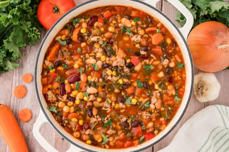 A pot of southwestern turkey 5 bean chili.