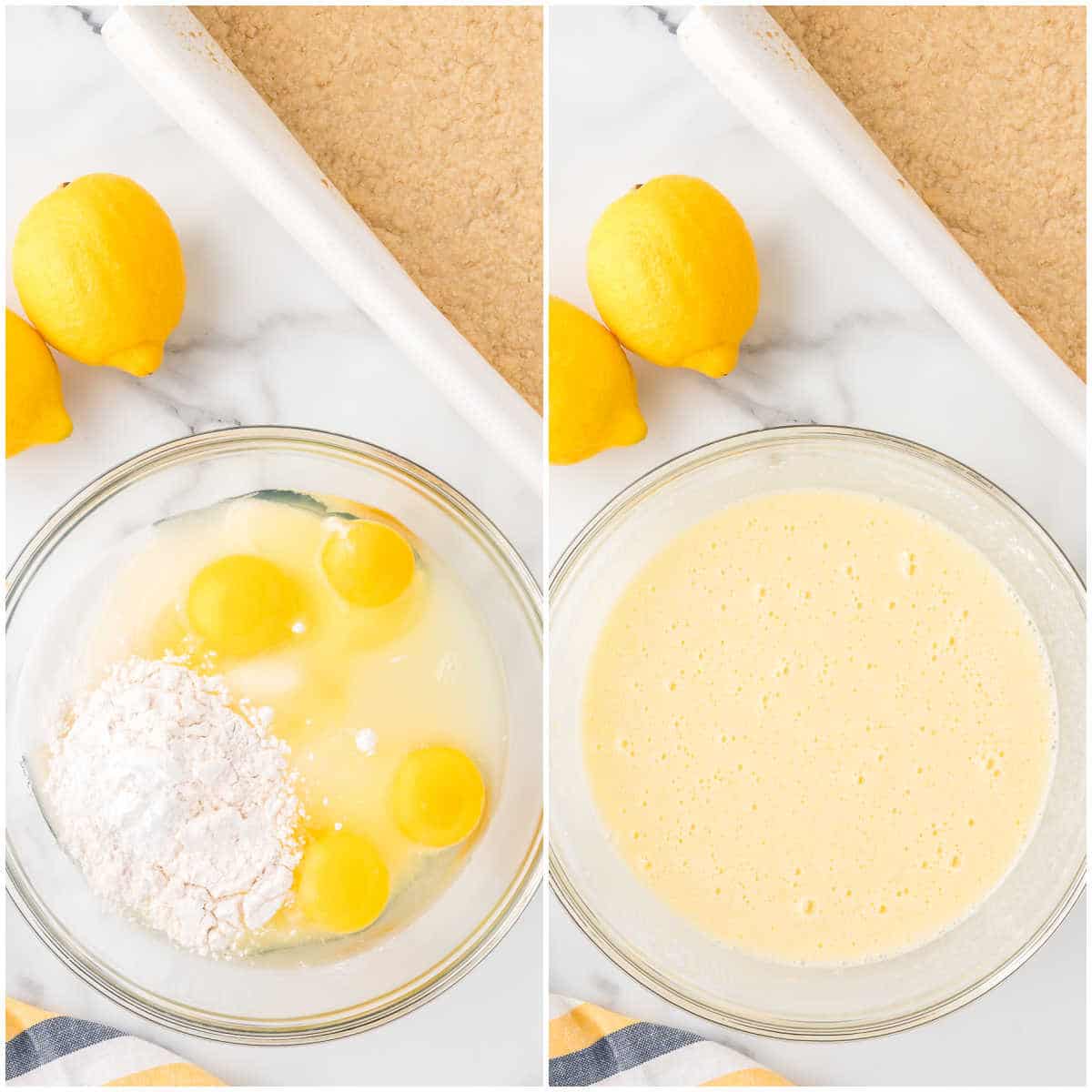 Collage of mixing ingredients in a bowl.