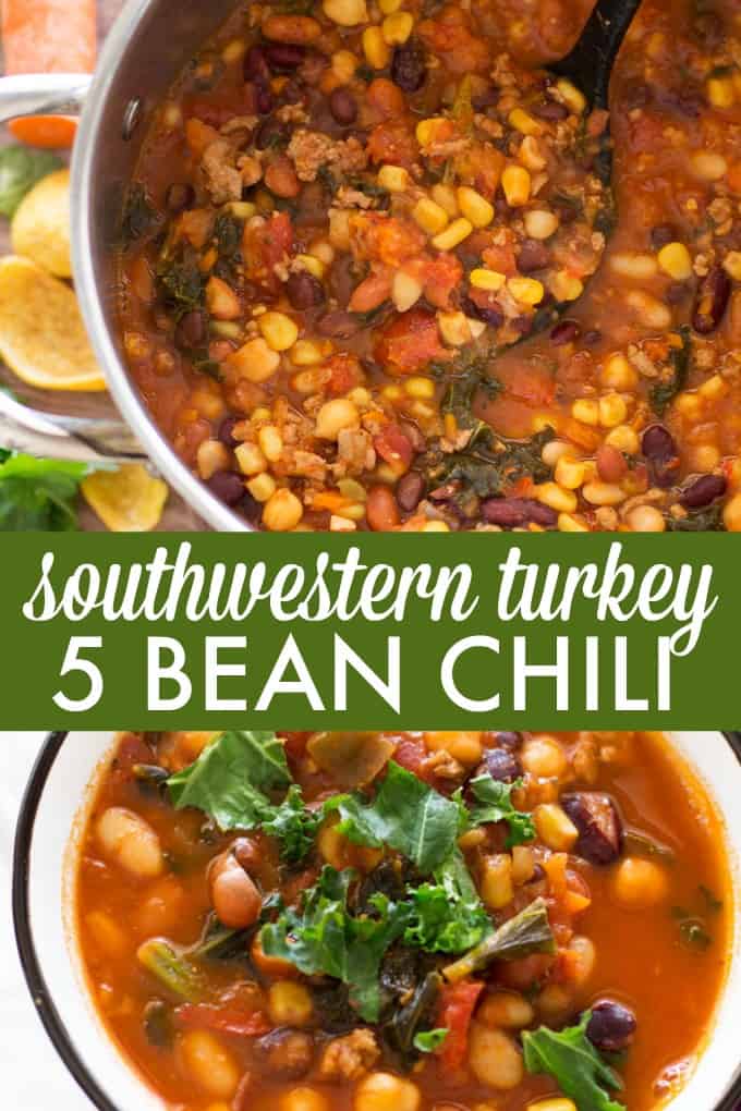 Southwestern Turkey 5 Bean Chili - This chili recipe has EVERYTHING in it! It's packed with 5 kinds of beans, ground turkey, tomatoes, corn, kale, and an amazing chili spice blend. Yum!