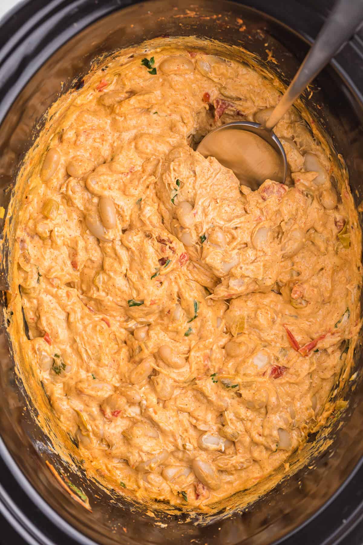 Crockpot White Chili Chicken Dip - Your favorite soup is now your go-to appetizer! This simple dip is packed with Mexican flavor from cilantro, cumin, green chiles, white beans, and taco seasoning.