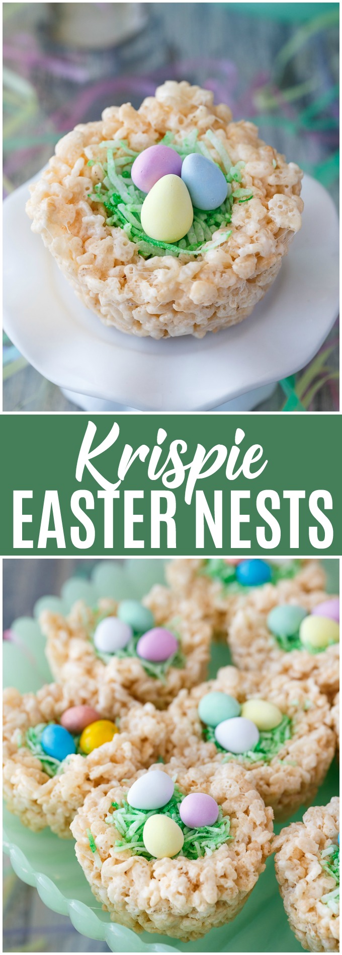 Krispie Easter Nests - This easy Easter dessert is fun to make and eat! Kids love to help decorate with colourful green grass and Easter chocolate and candy.