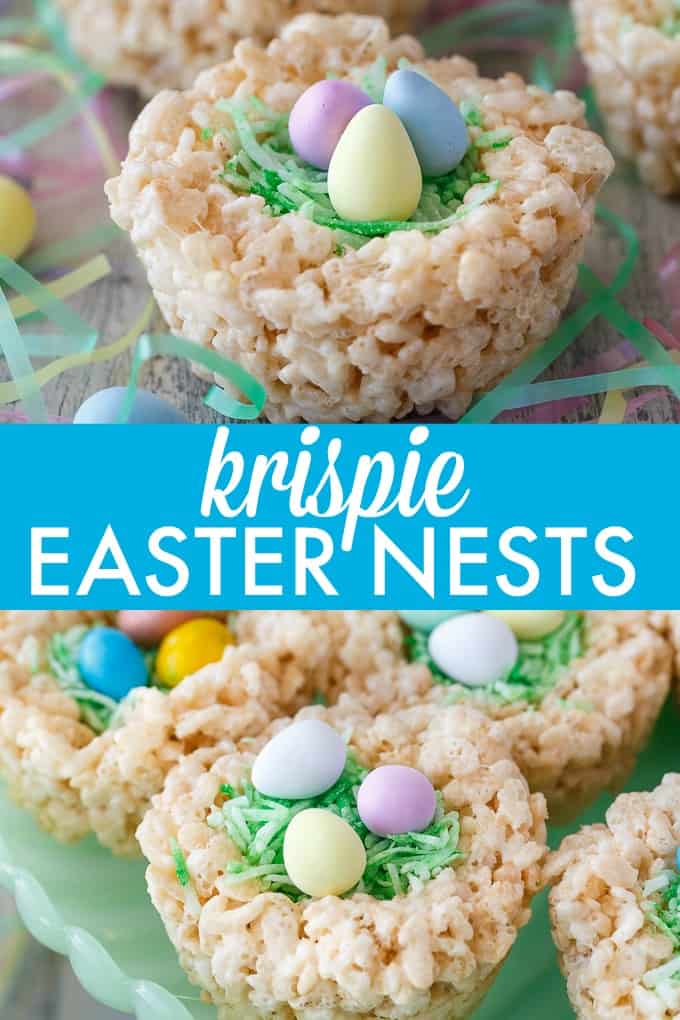 Krispie Easter Nests - This easy Easter dessert is fun to make and eat! Kids love to help decorate with colourful green grass and Easter chocolate and candy.