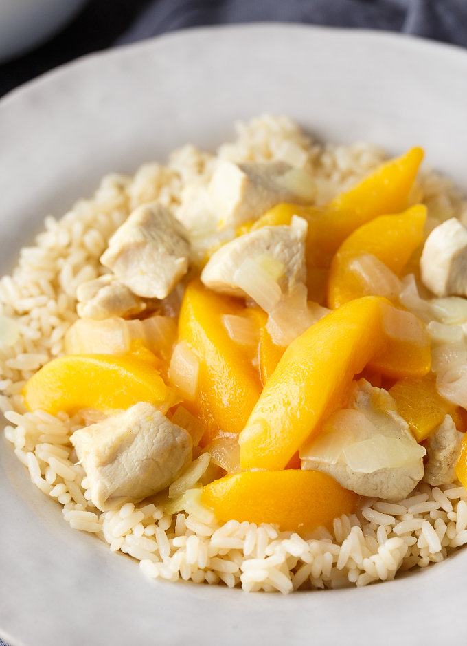 Peach Chicken - An easy dinner with cubed chicken breasts and sliced peaches. Perfectly sweet and delicious!