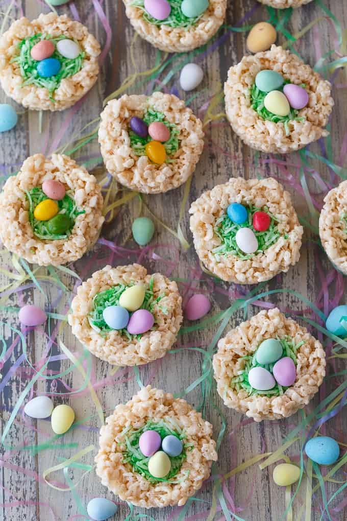Krispie Easter Nests - This easy Easter dessert is fun to make and eat! Kids love to help decorate with colourful green grass and Easter chocolate and candy.