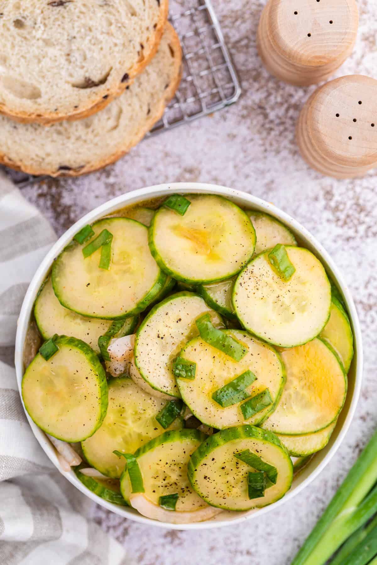 Cucumber salad in a bowl.