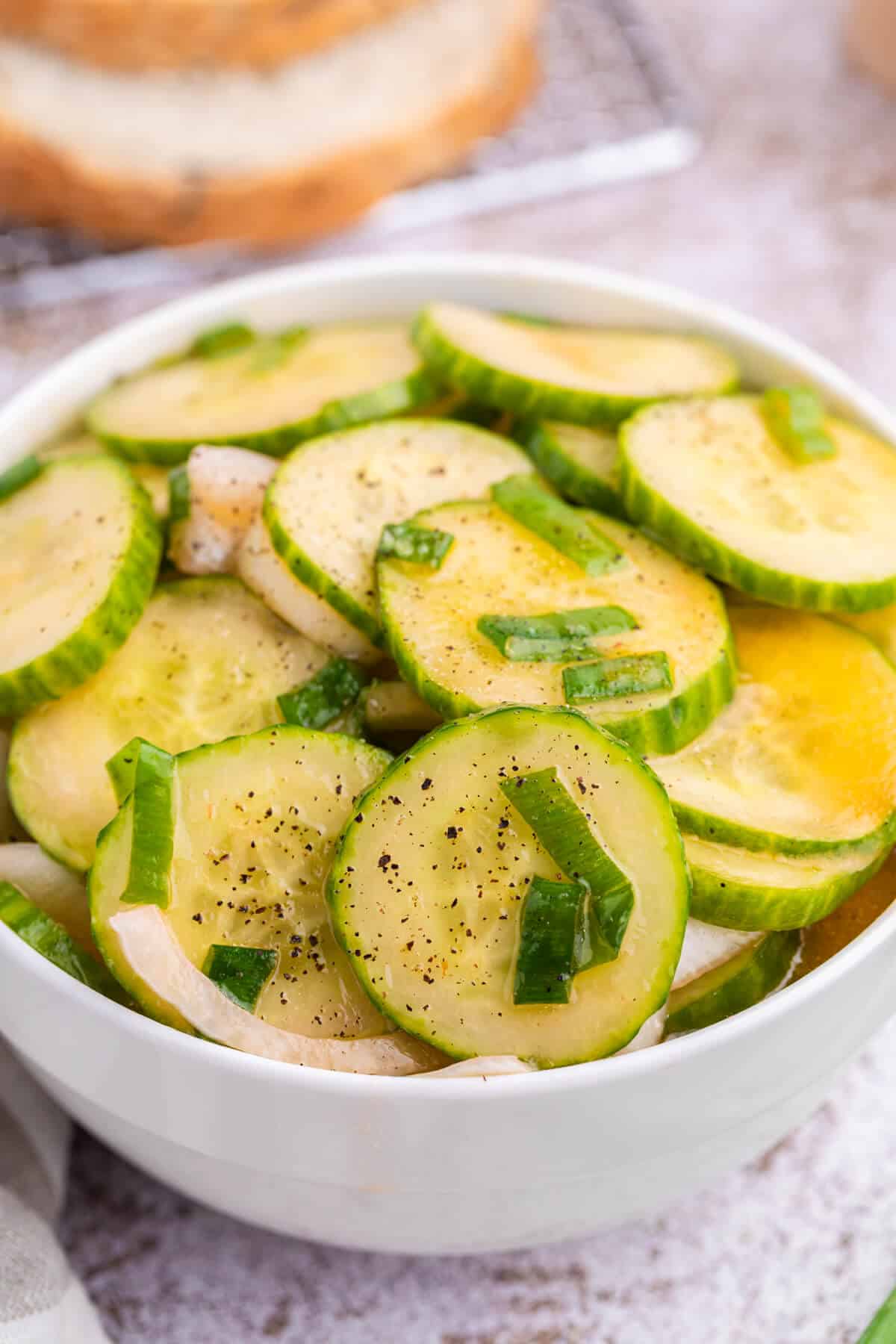 Cucumber salad in a bowl.