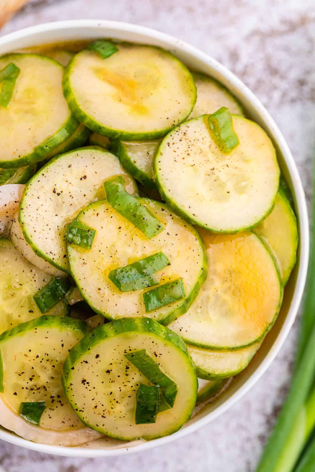 Cucumber salad in a bowl.