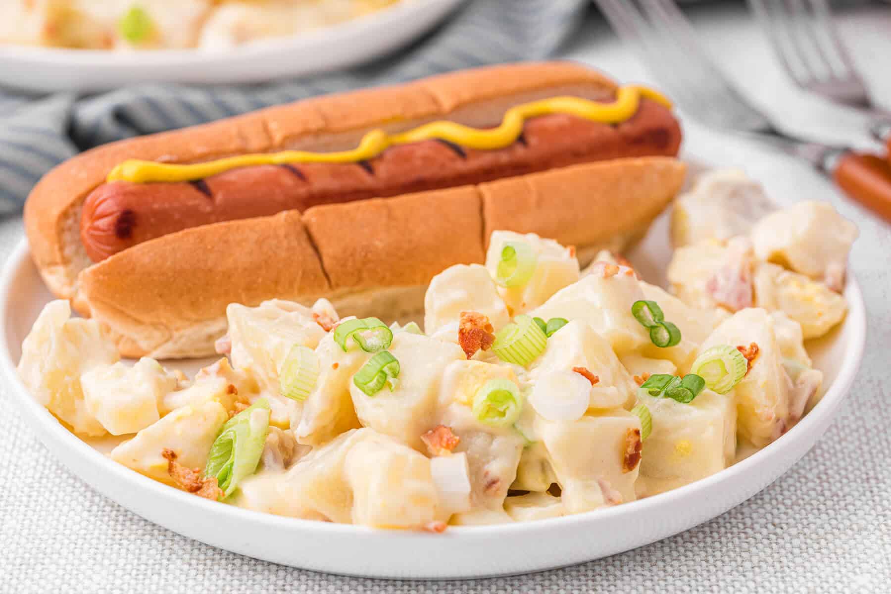 Dutch potato salad on a plate with a hot dog.