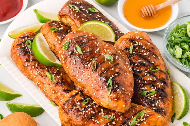 Honey sriracha chicken on a platter.