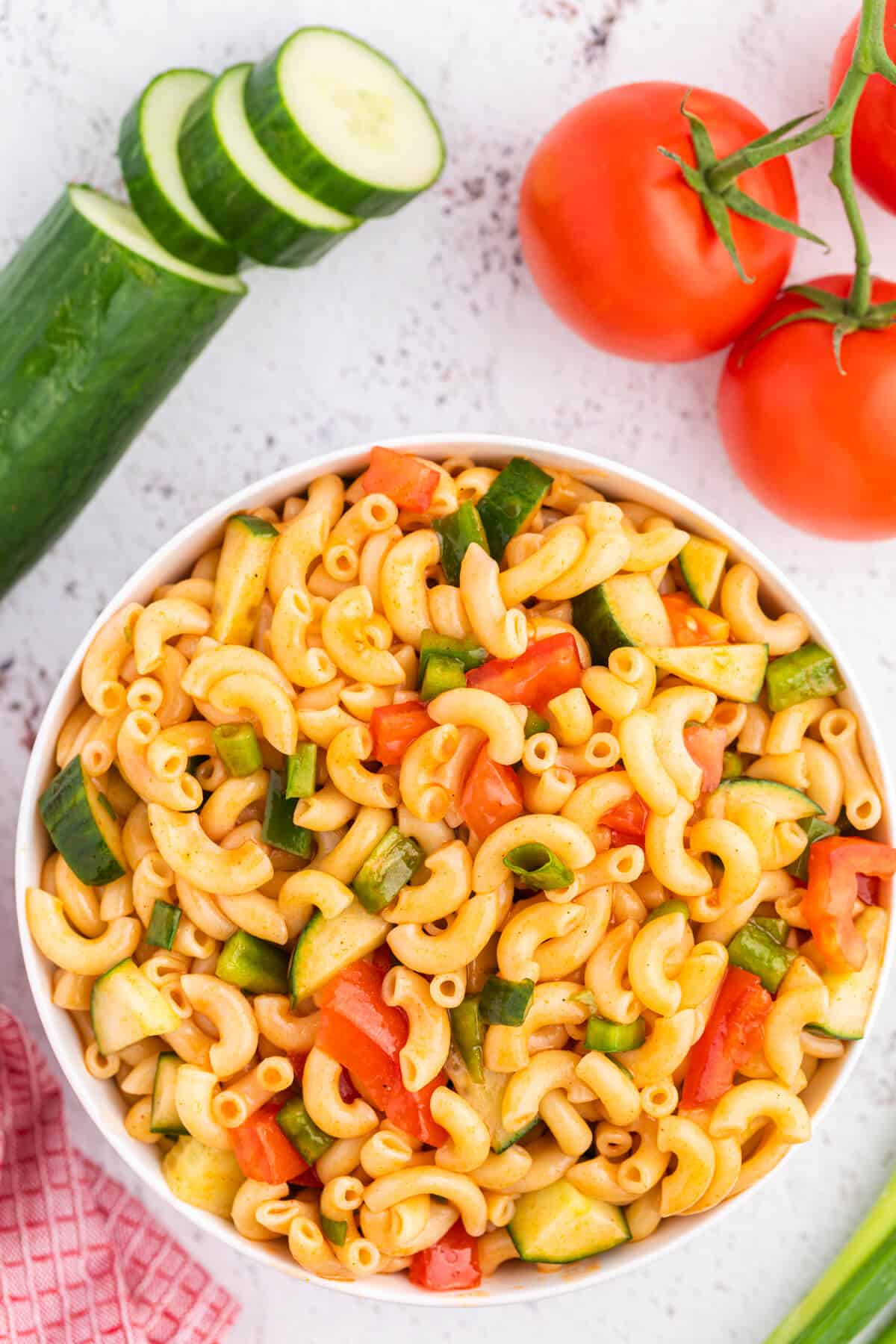 Macaroni salad in a bowl.