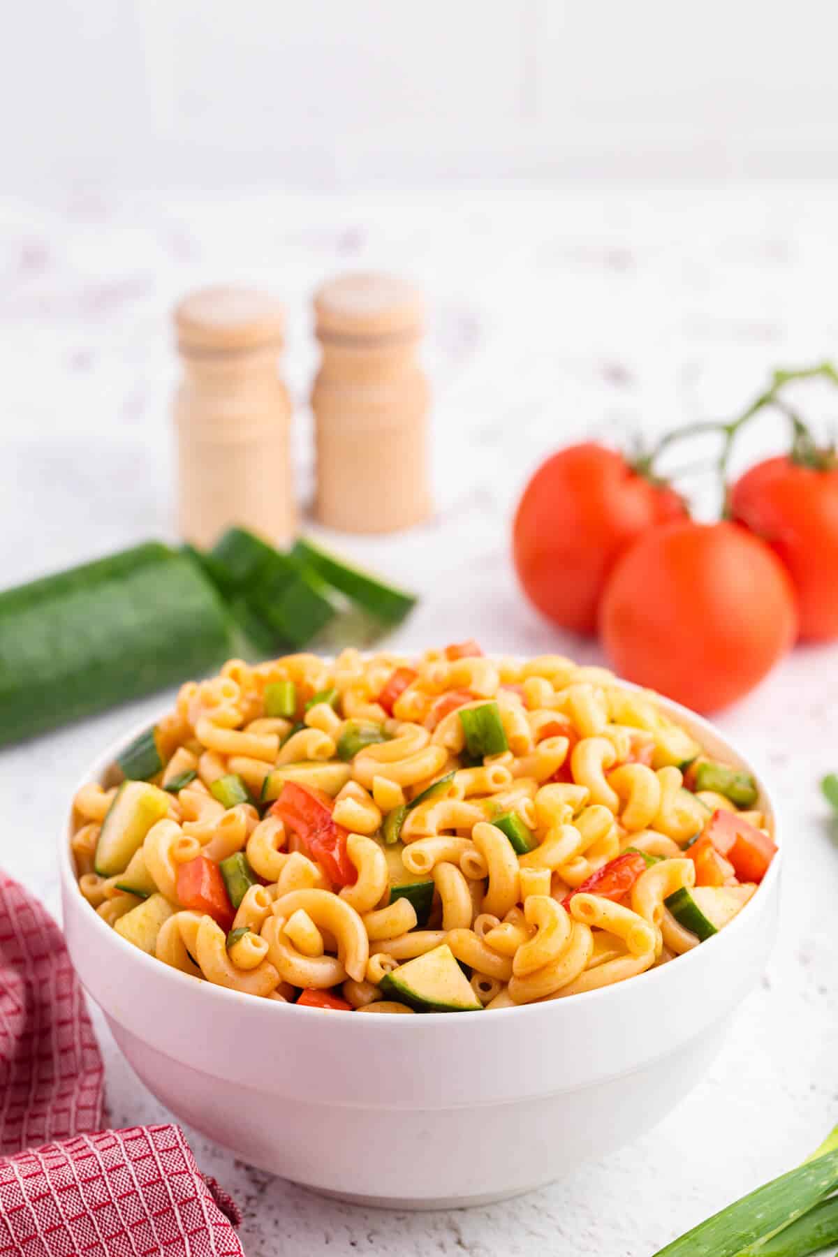 Macaroni salad in a bowl.