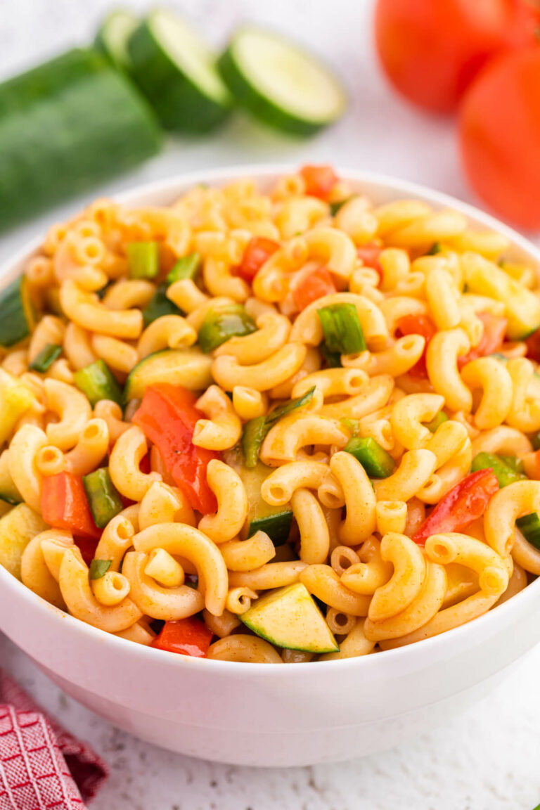 Macaroni salad in a bowl.