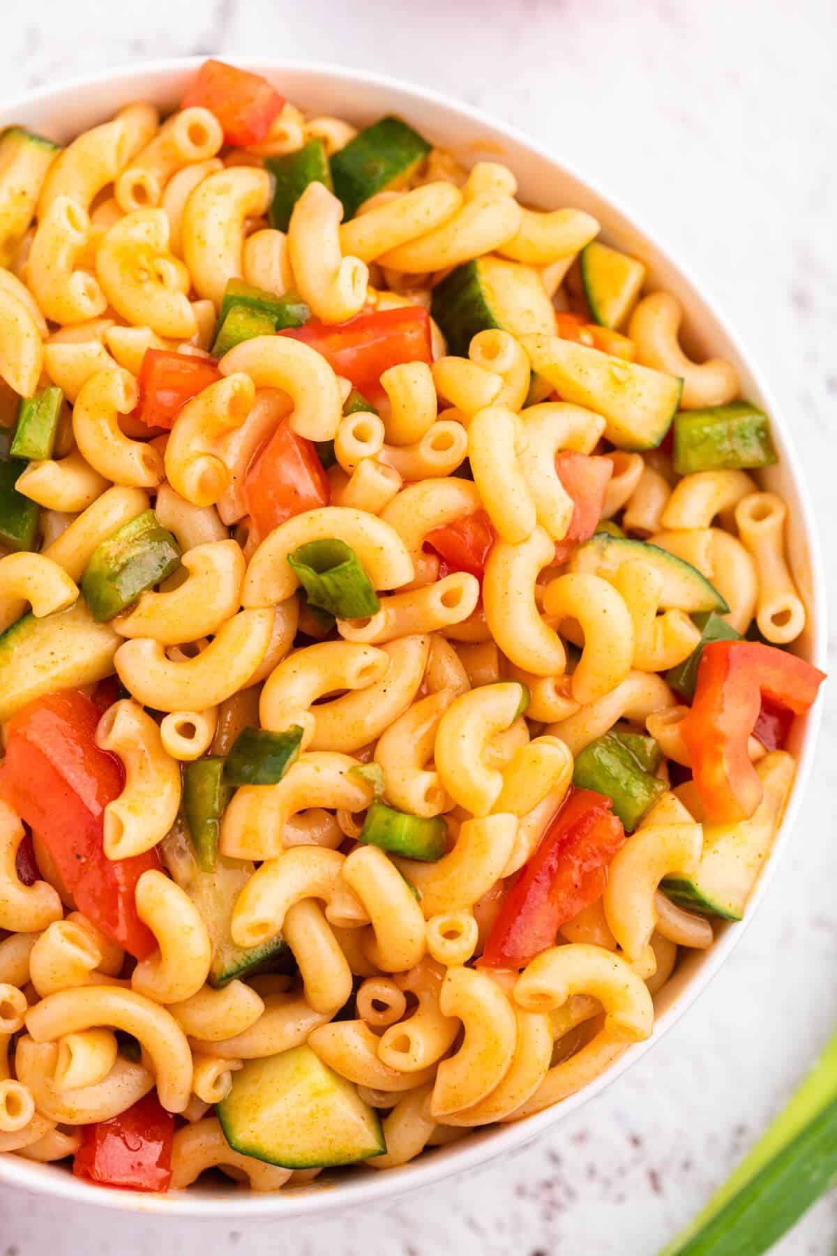 Macaroni salad in a bowl.