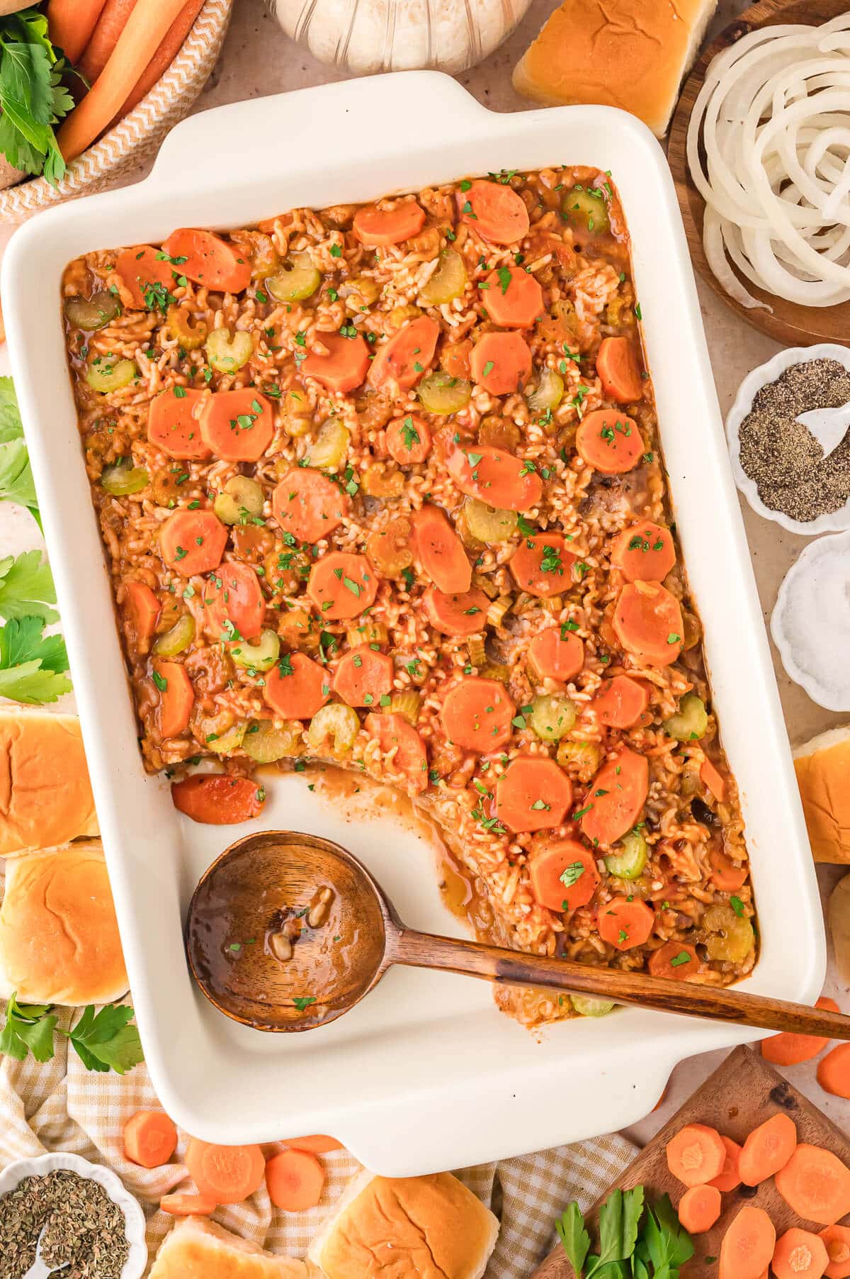 The recipe in a pan with a wooden spoon.
