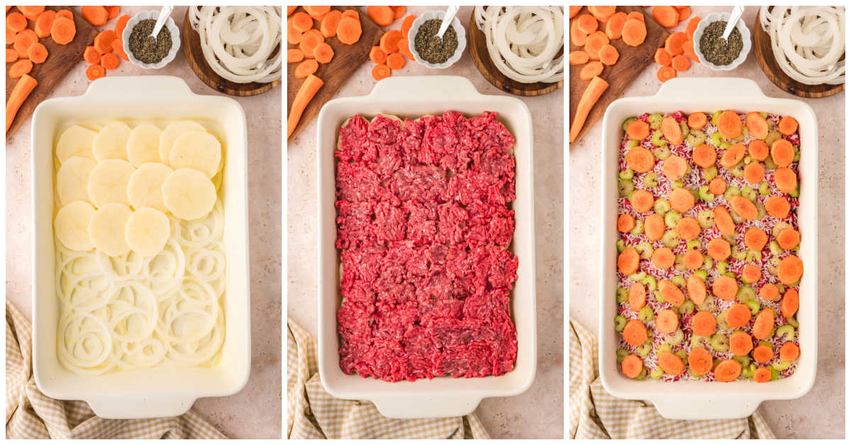 Collage of layering ingredients in a casserole dish.
