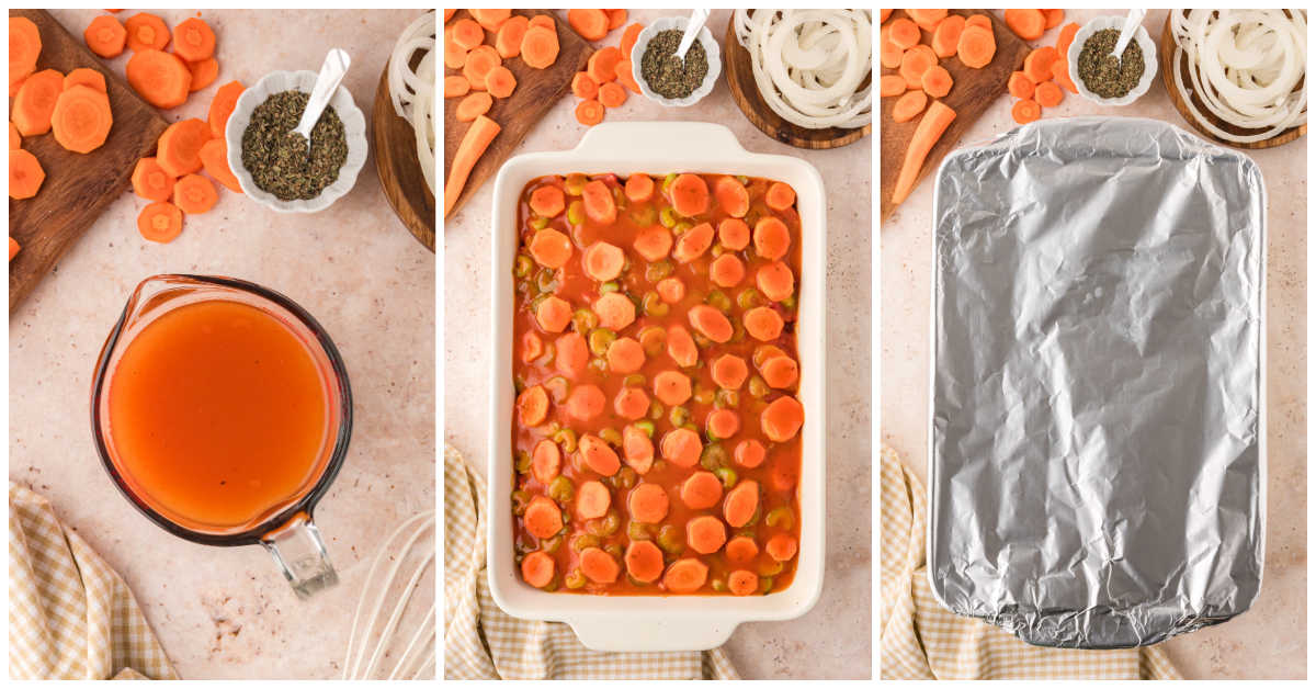 Collage of making the sauce and baking the casserole.