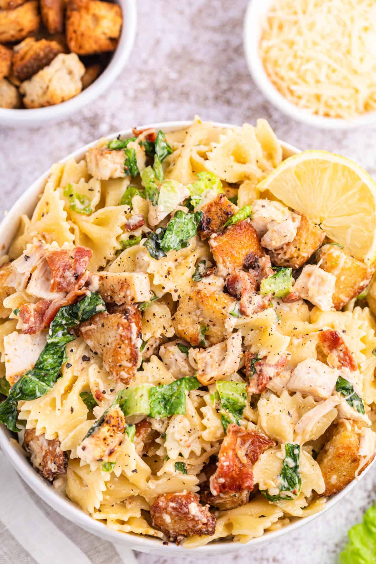 Chicken Caesar Pasta Salad in a bowl.