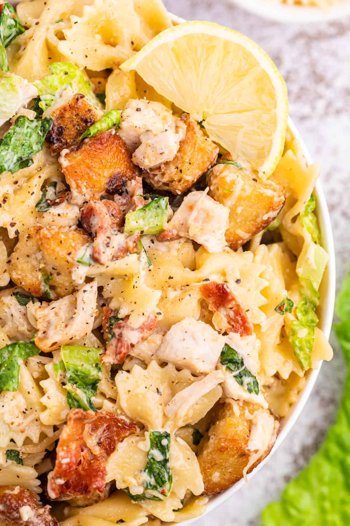 Chicken Caesar Pasta Salad in a bowl.