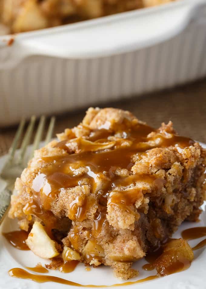 Apple Cake with Butterscotch Sauce - Moist apple cake filled with chunks of fresh apples. The sweet, silky butterscotch sauce is a delicious finishing touch.