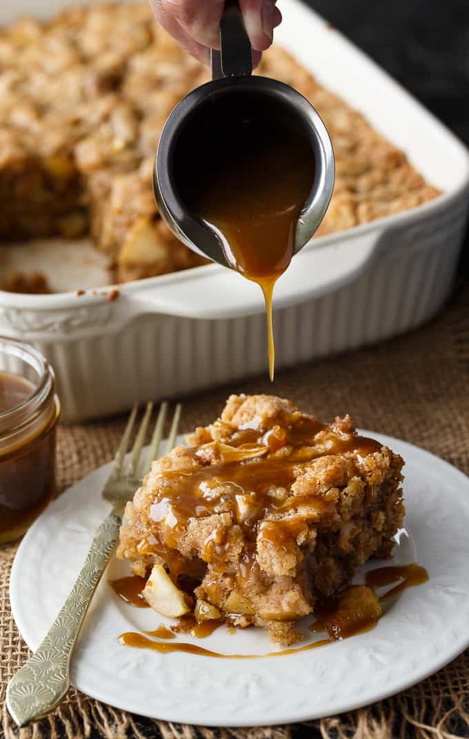 Apple Cake with Butterscotch Sauce - Moist apple cake filled with chunks of fresh apples. The sweet, silky butterscotch sauce is a delicious finishing touch.