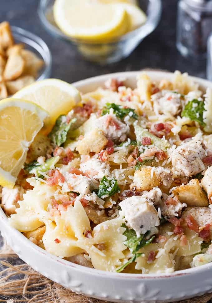Chicken Caesar Pasta Salad - So creamy and tasty with all the flavors you love from a classic Caesar salad.