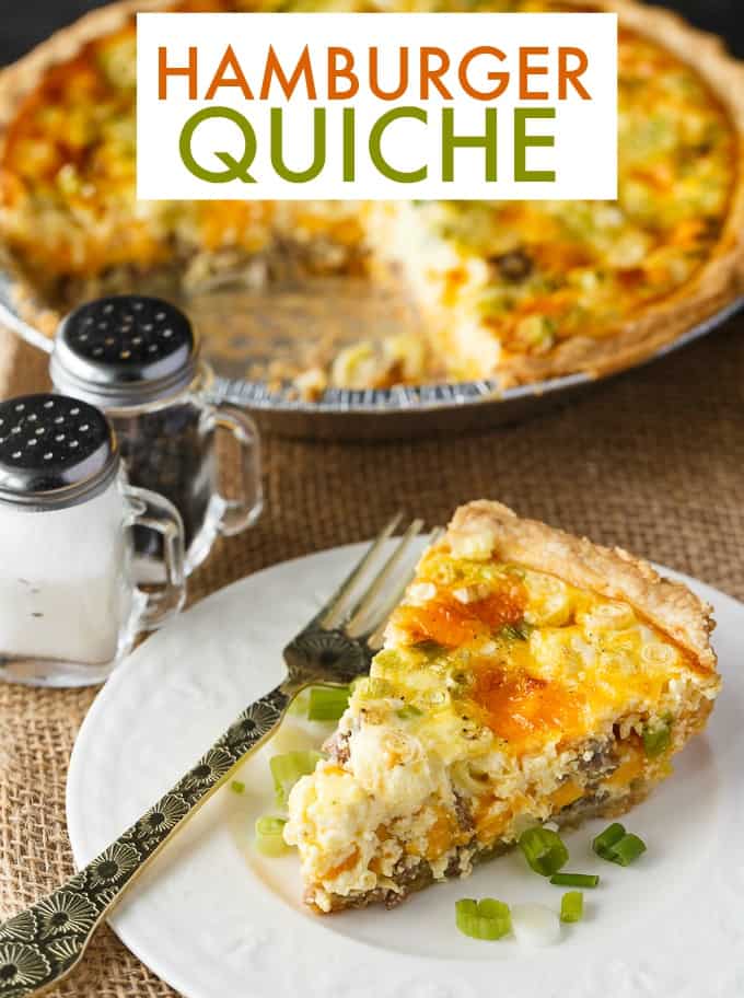 Hamburger Quiche - Dinner for breakfast! This quick and easy quiche is filled with all the flavors of a cheeseburger combined with fluffy scrambled eggs and veggies.