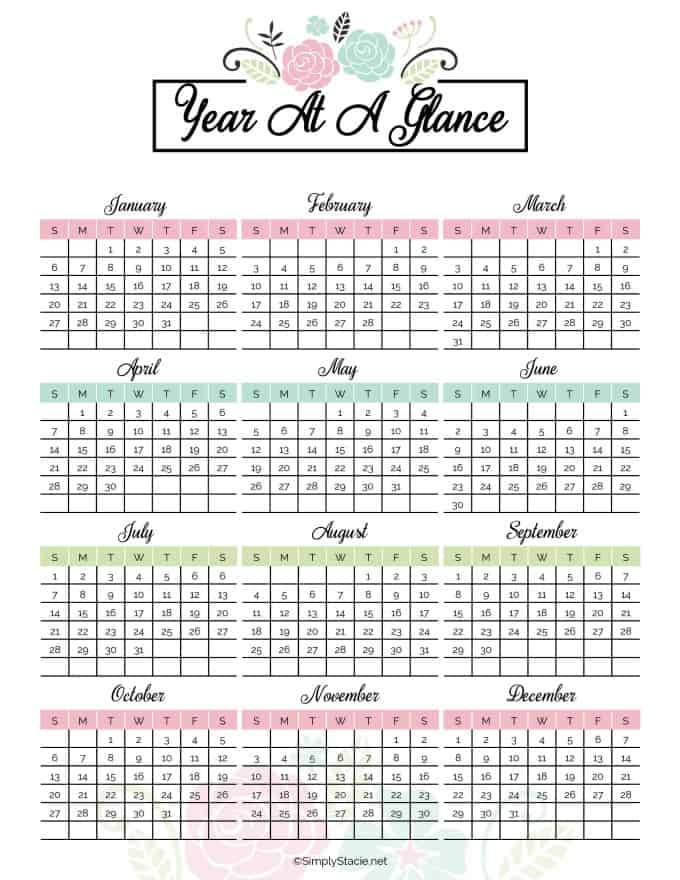 2019 yearly calendar free printable simply stacie