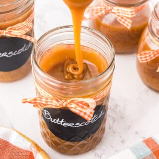 The recipe being drizzled into a jar.