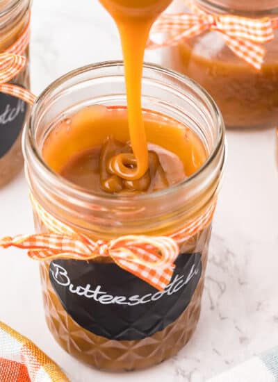 The recipe being drizzled into a jar.