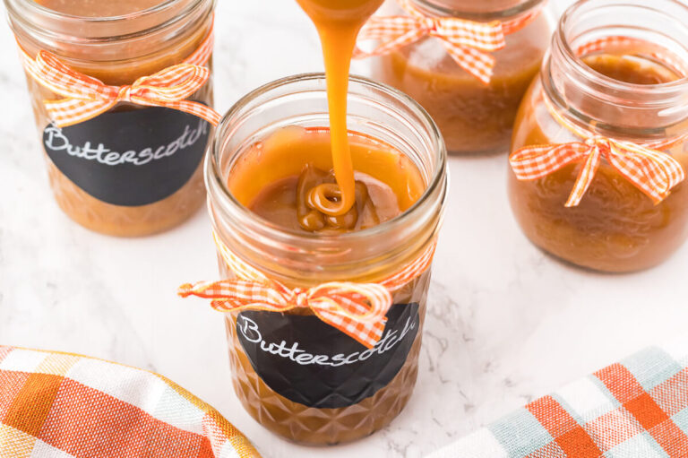 The recipe being drizzled into a jar.