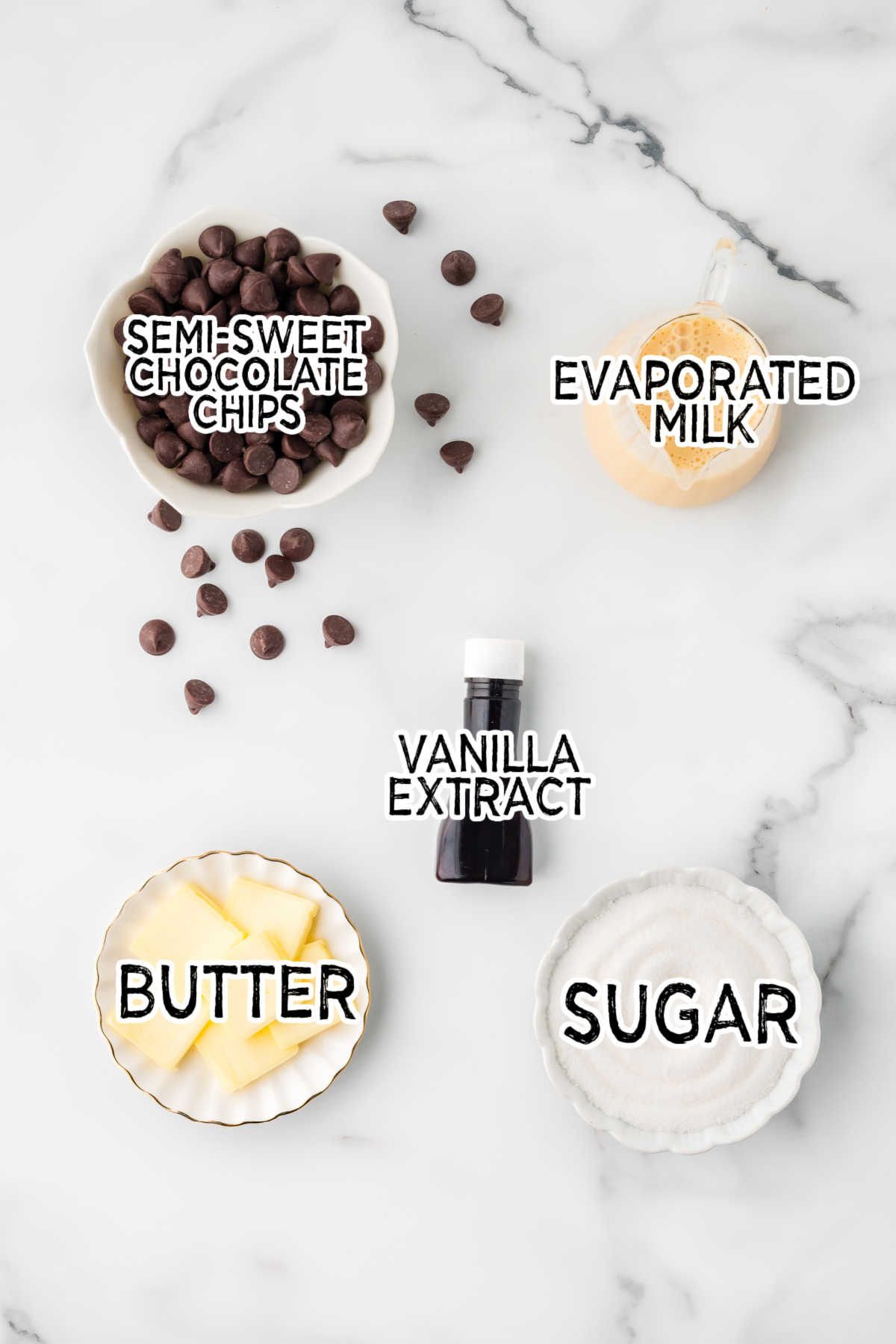 Ingredients on a white marble counter.